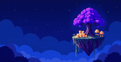 A pixel-art floating island at night with a huge violet tree and stacks of gold coins of different heights