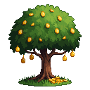 A pixel-art tree heavy with gold coins