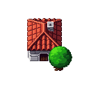 A pixel-art cottage in three-quarter