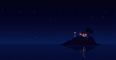 A pixel-art camera on a tripod, pointed at a cottage on a small island at night