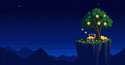 A pixel-art tree hung with gold coins beside an overflowing chest, on a floating island at night