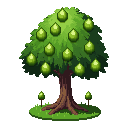 A pixel-art green tree hung with glowing seed pods