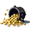 A pixel-art iron vault with its door burst open and gold coins pouring out